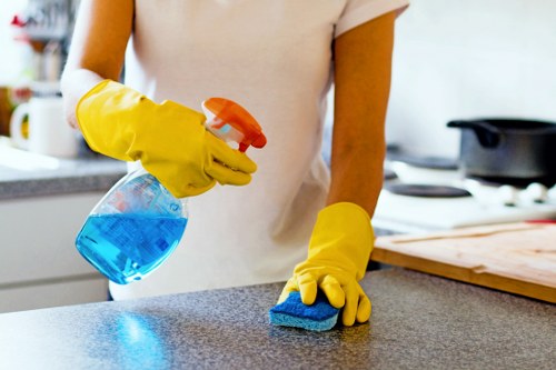 Carpet cleaning tools prepared beside a treated floor area