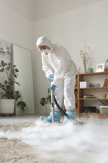 Three professional cleaners from Carpet Cleaners SW13, dressed in grey shirts and orange overalls, standing in a modern living room with a high ceiling, black wall panel, and a large window letting in